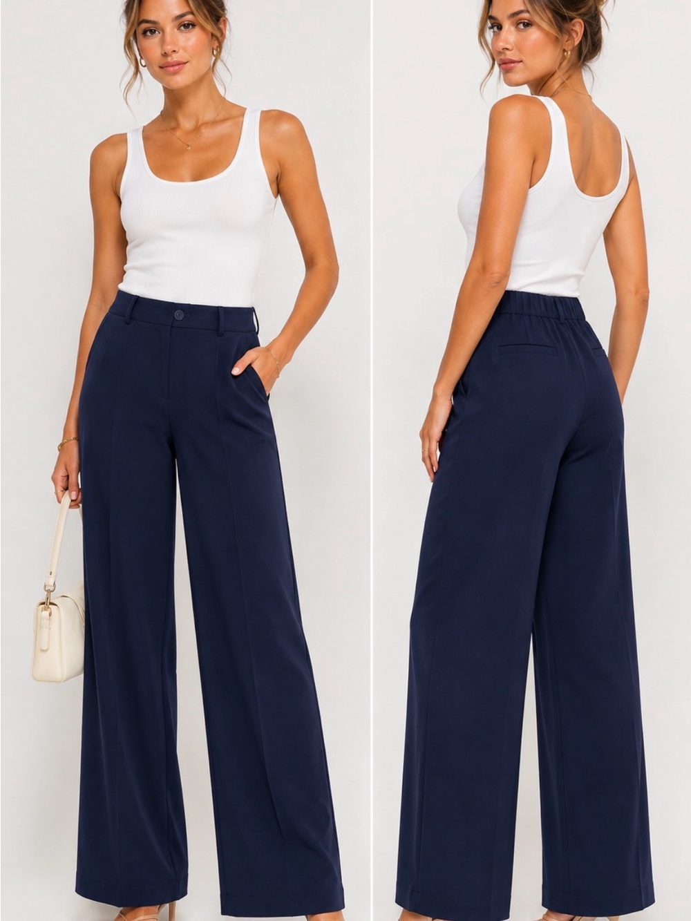 NWT Maison d’Amélie Paris Navy Wide Leg Pants XS Pull-On Elastic Back Trousers